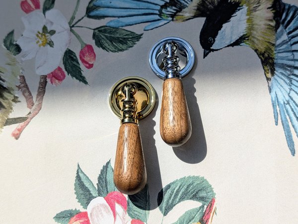Walnut wood and brass drop handle/Wooden drop drawer pull/Gold or silver cabinet pull/Wooden furniture hardware/Dresser door knob