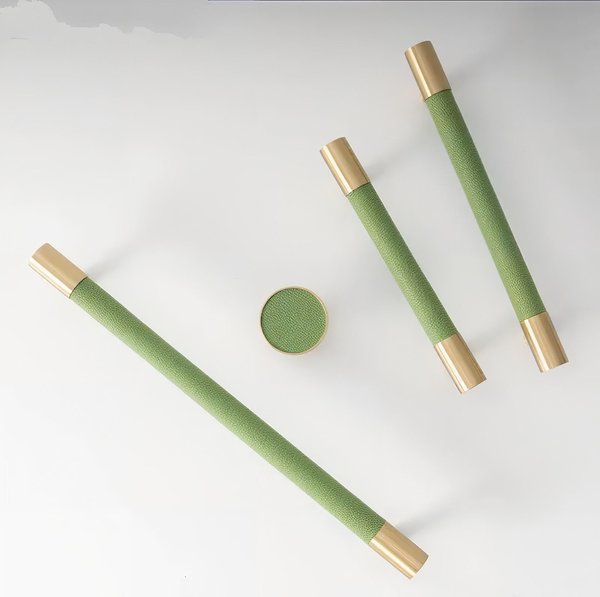 Green Leather and Gold Brass cabinet handle/Green leather drawer pull/Green door handle/Green cabinet pull/Leather handle/Leather hardware