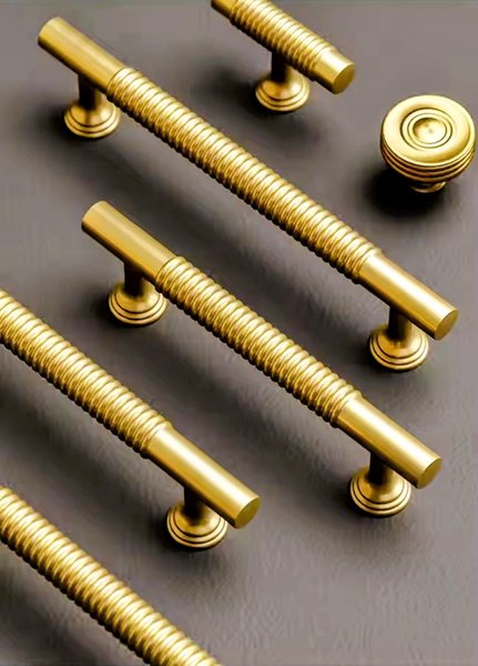 Ridged gold brass cabinet bar handle/Matte finished solid brass drawer pull/Gold brass door handle/Gold brass furniture hardware/Door knob