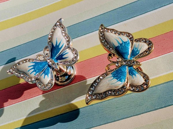 Enameled butterfly drawer handle/Pearly blue and white butterfly cabinet pull/Nursery decor/Nursery door knob/Childrens door handle