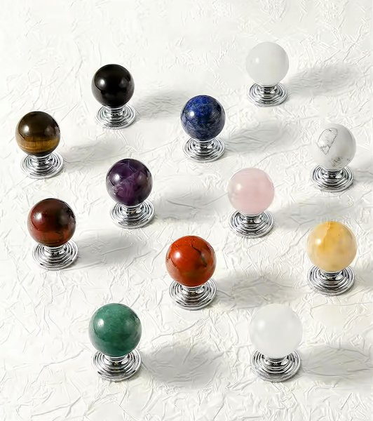 Silver and semi precious stone ball drawer knob/stone drawer pull/crystal ball cabinet pull/gemstone handle/Bright coloured stone hardware